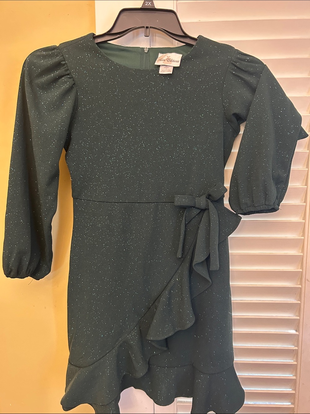 Green Sparkle Ruffle Kids Dress with Tie Waist sparkles